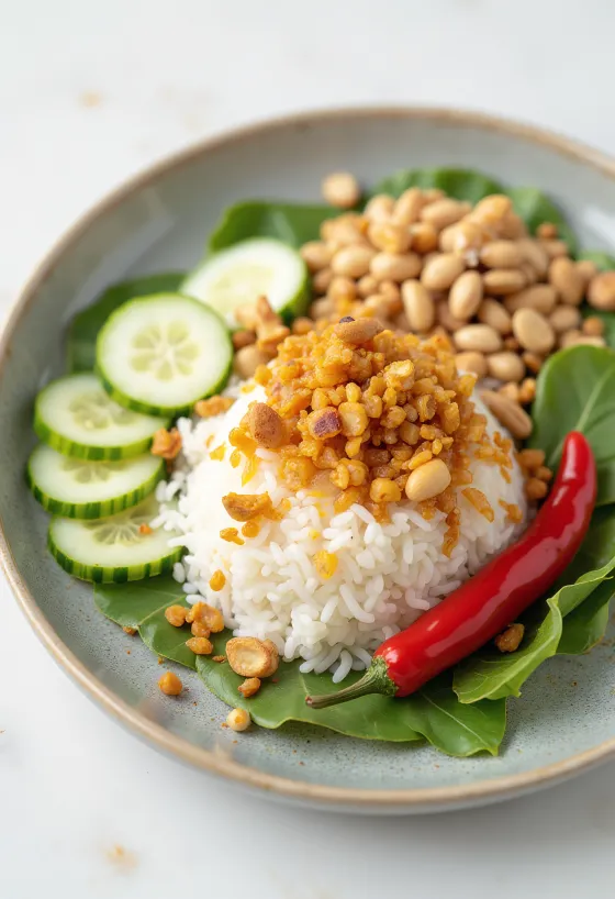 Vegan Nasi Lemak tálalva, gazdag kókuszos rizs és friss zöldségek.