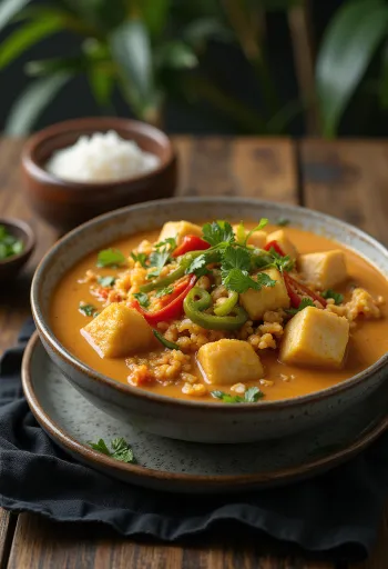 Vegetáriánus Bicol Express tofuval, kókusztejjel és friss zöldségekkel tálalva
