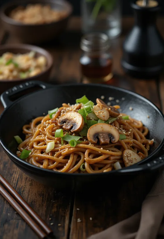 Yakisoba gombával, zöldségekkel és tésztával tálalva, szezámmaggal és korianderrel díszítve
