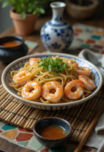 Zaru soba garnélarákkal, szójaszósz és szezámmag díszítéssel