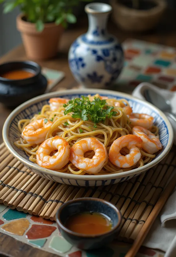 Zaru soba garnélarákkal, szójaszósz és szezámmag díszítéssel