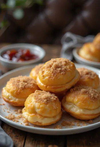 Æbleskiver fahéjas cukorral megszórva, frissen tálalva