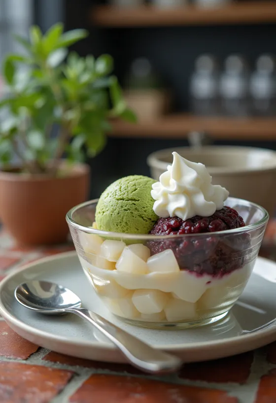 Anmitsu tejszínhabbal és matcha fagylalttal, japán édesség agar-agarral és vörös babpürével