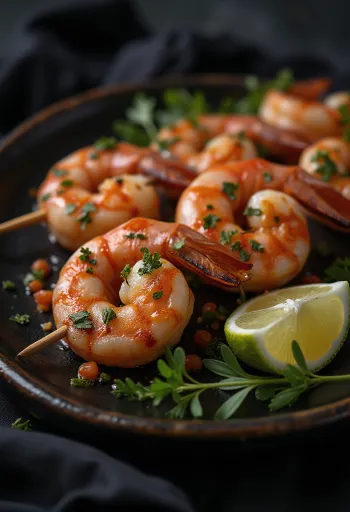 Anticucho de camarones, grillezett garnélák fapálcán, friss fűszerekkel