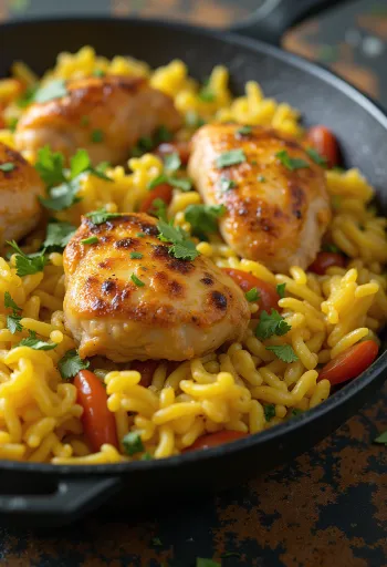 Arroz con Pollo, fűszeres rizses csirke korianderrel tálalva
