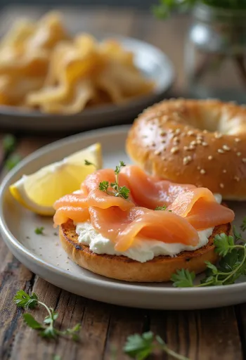 Bagel füstölt lazaccal, krémsajttal és kaporral díszítve