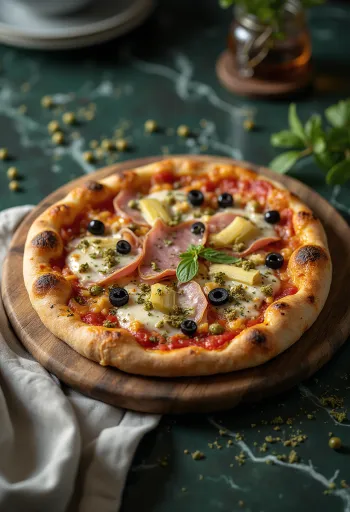 Capricciosa pizza olívával és kapribogyóval tálalva