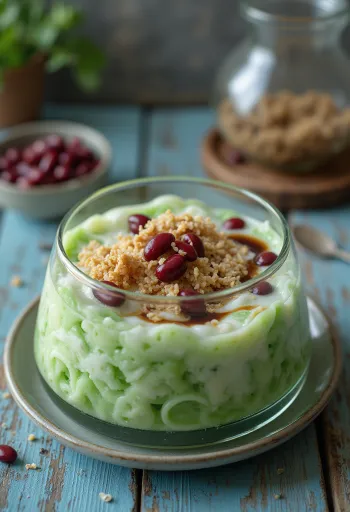 Cendol vörös babbal, friss kókusztejjel és pandan levéllel díszítve