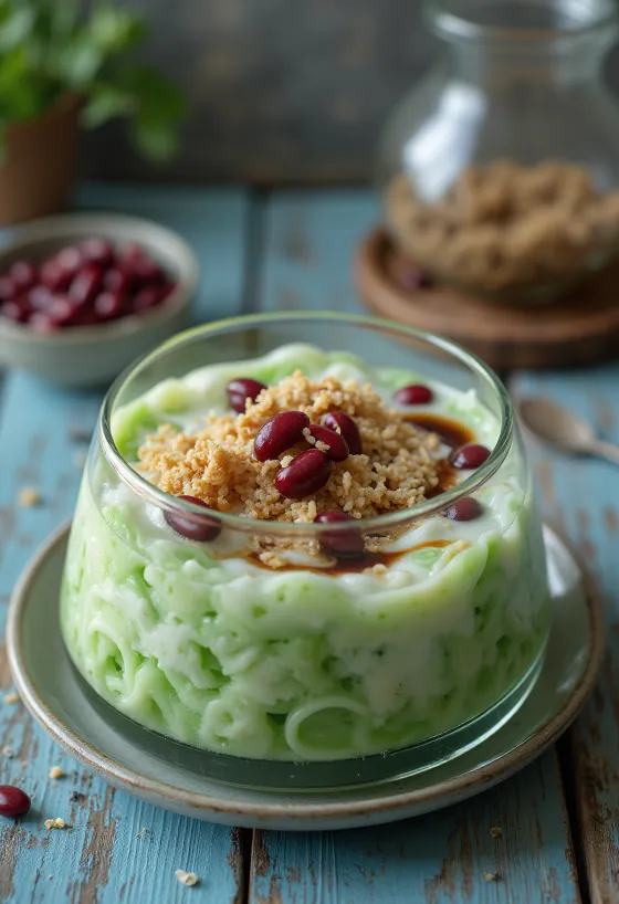 Cendol vörös babbal, friss kókusztejjel és pandan levéllel díszítve
