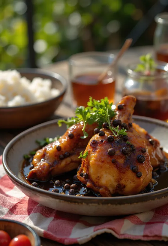 Chicken adobo filippínó stílusban tálalva