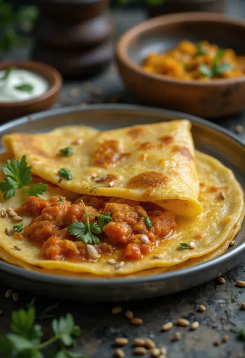 Chili dosa frissen, ropogósra sütve, chili töltelékkel tálalva