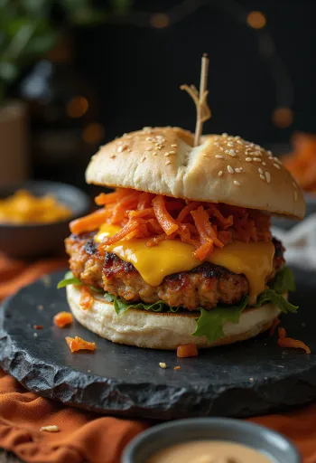 Frissen készült csirkehúsos fúziós burger kimchivel, mango chutney-val és hoisin szósszal
