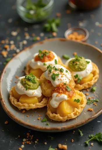 Dahi Puri Chaat masalával, friss korianderrel és gránátalmával díszítve
