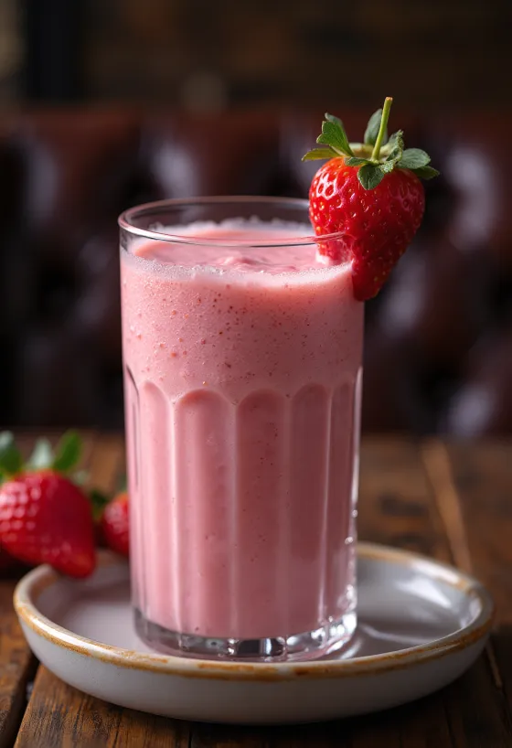 Epres smoothie magas pohárban, friss eperszeletekkel díszítve
