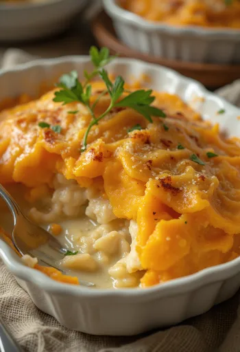 Fish pie édesburgonyával tálalva, aranybarna pürével a tetején
