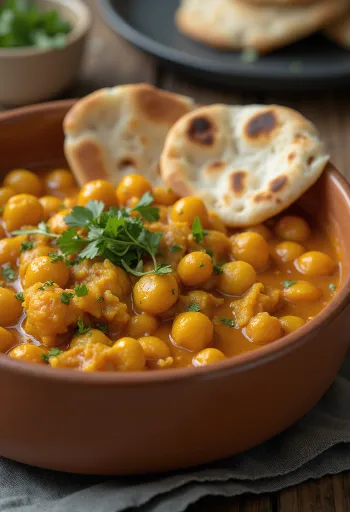 Fűszeres csicseriborsó curry tálalva rizzsel és korianderrel