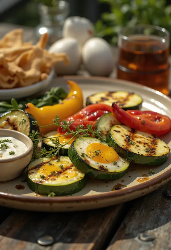 Grillezett zöldségek színes válogatása friss fűszerekkel megszórva.