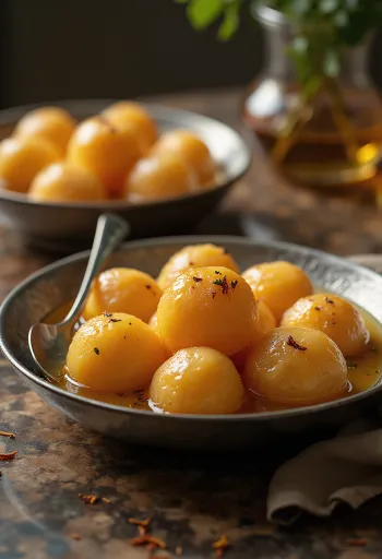Gulab Jamun sáfrányos, édes, aranybarna golyók szirupban