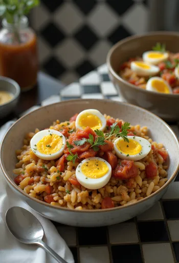 Koshari tojással, egyiptomi étel rizsből, lencséből és makaróniból, gazdag paradicsomos szószban