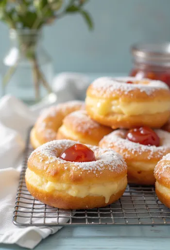 Krofne lekvárral, porcukorral meghintve, aranybarna színben