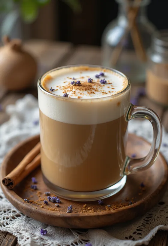Levendulás chai latte pohárban, fahéjjal és levendulával díszítve