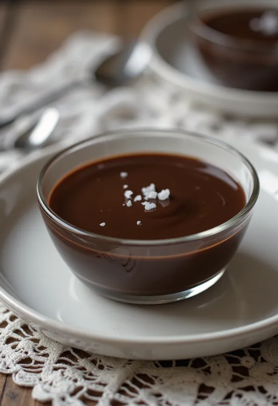 Manjar de chocolate csokoládéval tálalva, krémes textúrával és csokoládé reszelékkel díszítve
