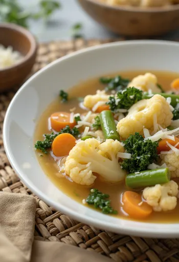 Minestrone karfiollal, friss zöldségekkel tálalva