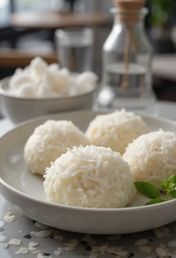 Mochi golyók kókuszkrémmel töltve, kókuszreszelékkel borítva