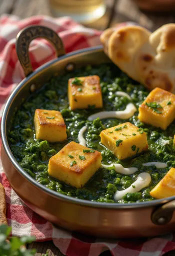 Palak paneer citromlével, friss korianderrel tálalva