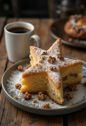 Pandoro dióval, olasz édes sütemény friss dióval és porcukorral