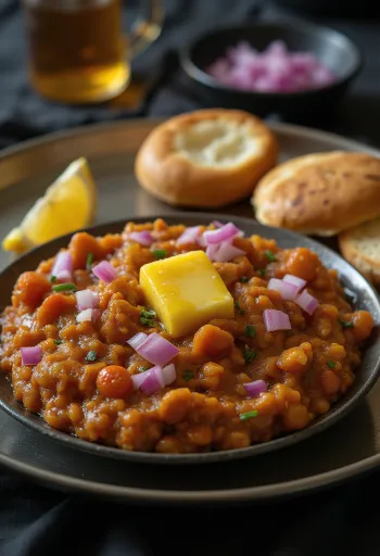 Frissen készült Pav Bhaji, ropogós zsemlével és fűszeres zöldséges szósszal