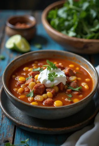 Pozole con chorizo, gazdag kukoricával és fűszeres chorizóval tálalva