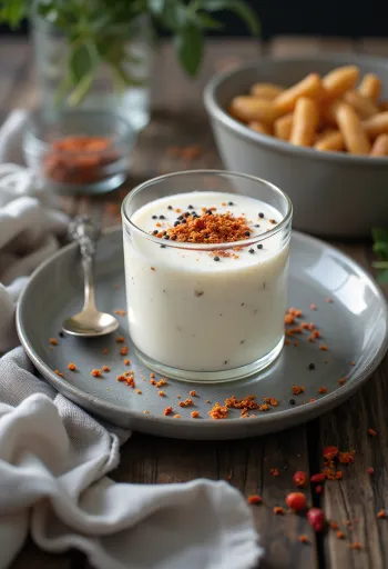 Fűszeres kefir pohárban tálalva, tetején paprikával és borssal megszórva