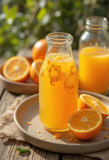 Narancsos kombucha poharakban tálalva, friss narancsdarabokkal