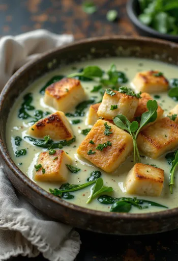 Sült tofu spenótos mártásban tálalva