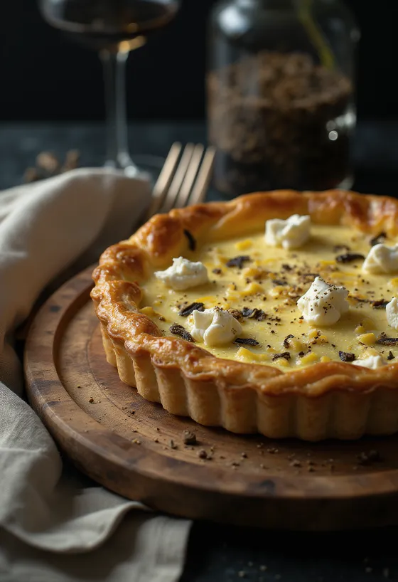 Szarvasgombás és kecskesajtos quiche rusztikus tányéron