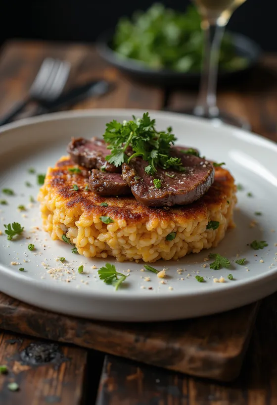 Tacu-tacu steak-kel, steak szeletek tálalva rizses babos keverékkel, friss korianderrel díszítve