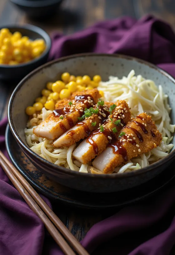 Tonkatsu tál szezámmaggal, panírozott hal és friss káposztasaláta
