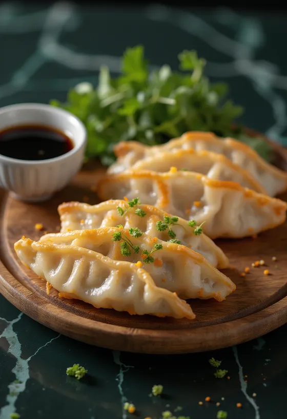 Tuna Gyoza tálalva tonhalas-zöldséges töltelékkel és szójaszószos mártogatóval