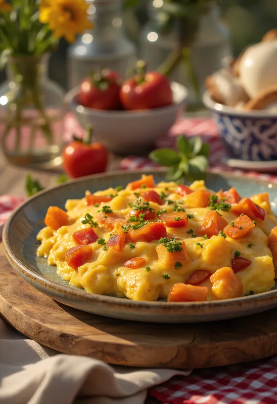 Welsh rarebit paprikával tálalva, sajtos szószban, pirítós kenyér tetején, friss paprikadarabokkal