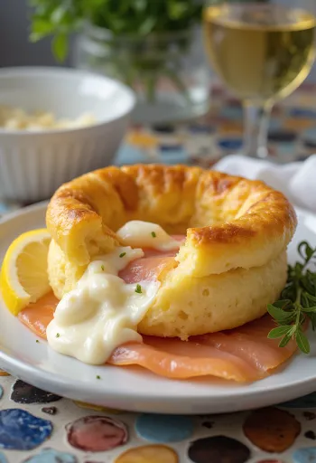 Yorkshire pudding füstölt lazaccal, kaporral és citromlével díszítve
