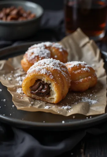 Zeppole csokoládékrémmel tálalva, aranybarna fánkocska csokoládékrémmel a tetején
