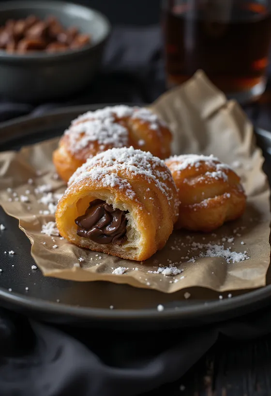 Zeppole csokoládékrémmel tálalva, aranybarna fánkocska csokoládékrémmel a tetején