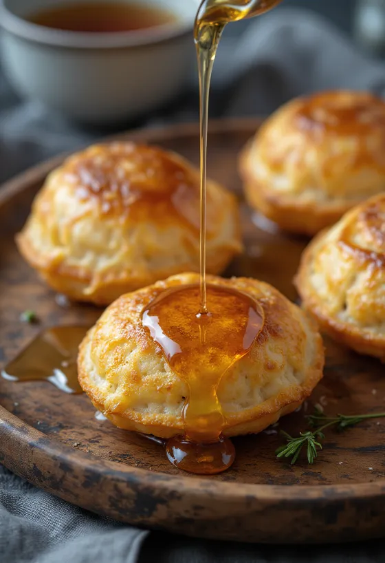 Æbleskiver mézzel édesítve, friss és puha fánkok tálalva