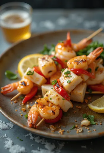 Anticucho de mariscos tengeri étel nyárson, korianderrel és citrommal tálalva