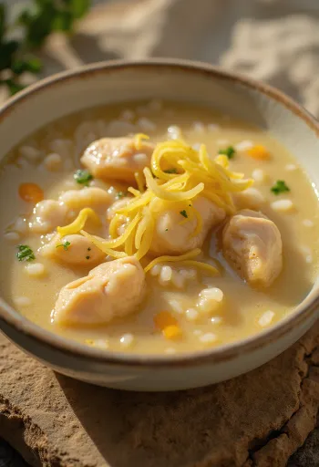Arroz Caldo pörkölt csirkehússal tálalva, zöldhagymával díszítve