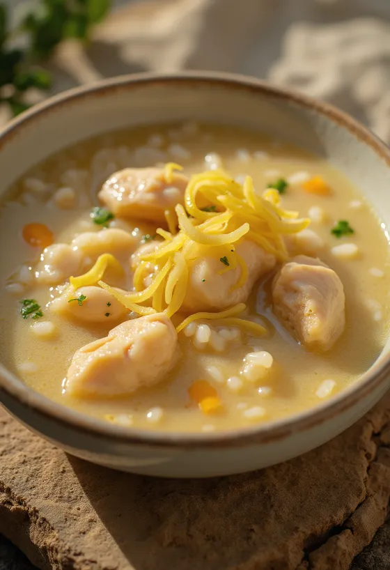 Arroz Caldo pörkölt csirkehússal tálalva, zöldhagymával díszítve