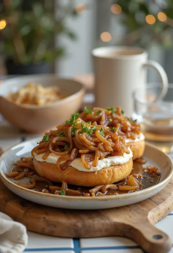 Bagel hagymával és krémsajttal, friss petrezselyemmel díszítve