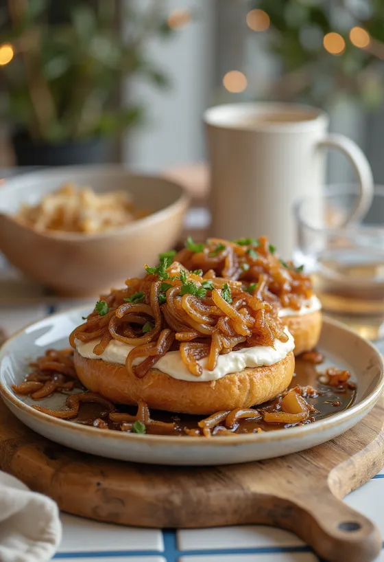 Bagel hagymával és krémsajttal, friss petrezselyemmel díszítve