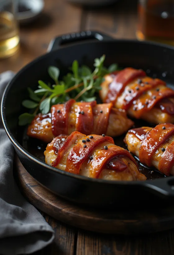 BBQ baconbe tekert csirkemell szaftosan tálalva